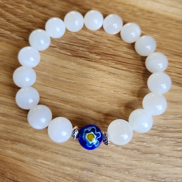 Hand Crafted Jewelry - White Moonstone Gemstone & Blue Millefiori Floral Accent Beads Bracelet